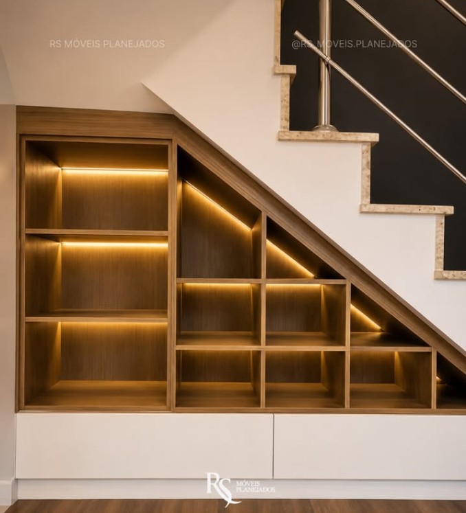Estante sob a escada com iluminação embutida — Sala de casa